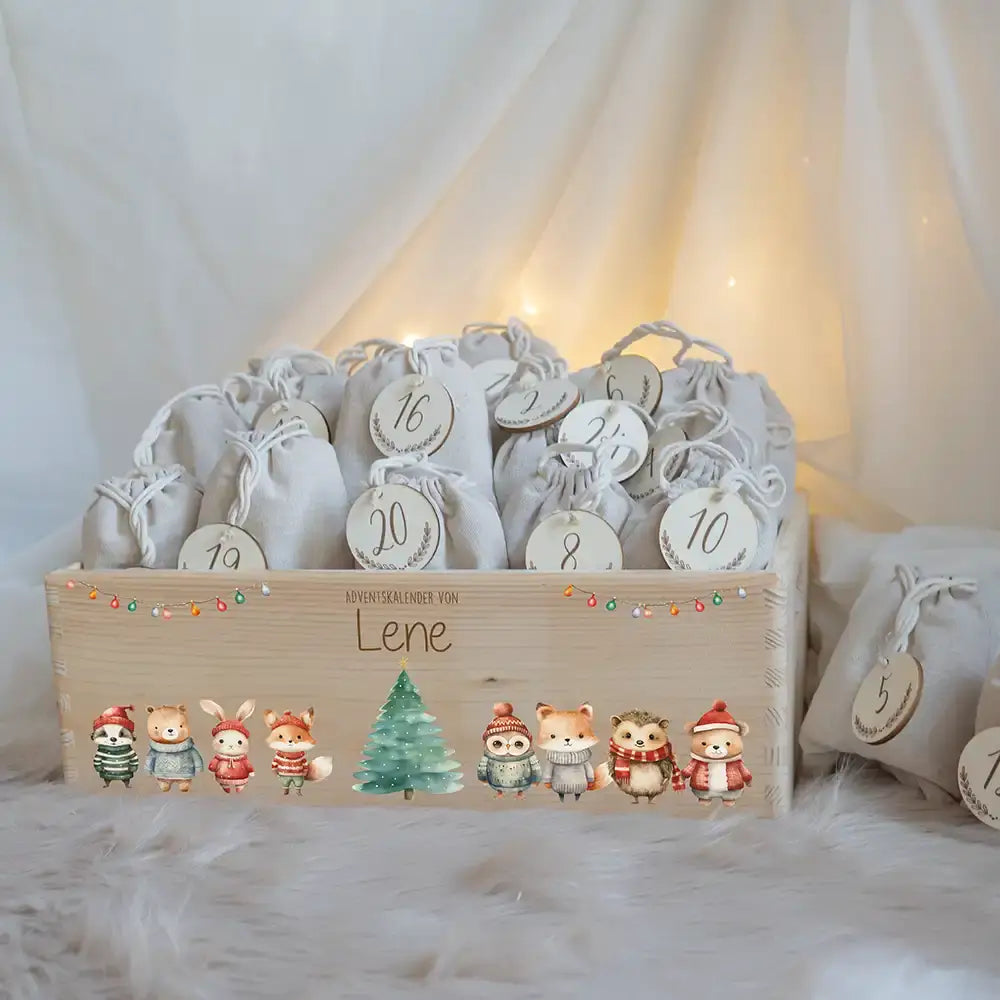 Adventskalender zum befüllen "Weihnachten mit Tieren und Lichterkette" personalisiert