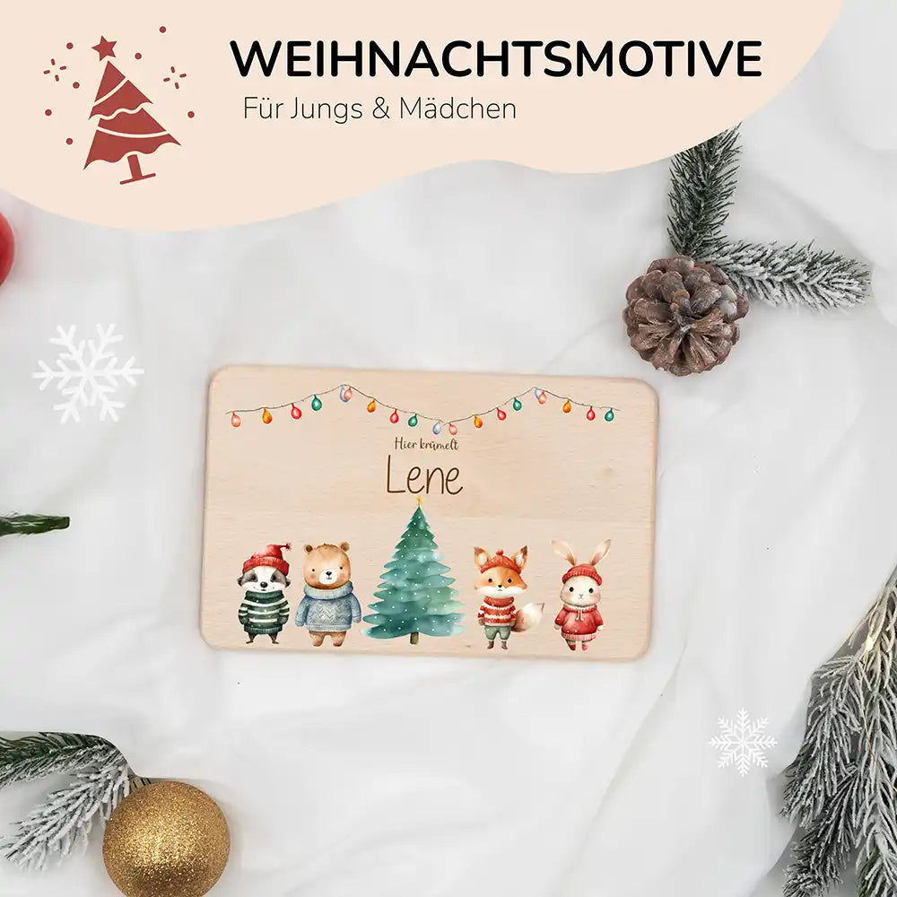 Frühstücksbrettchen Weihnachten mit Tieren und Lichterkette - Geschenk Weihnachten