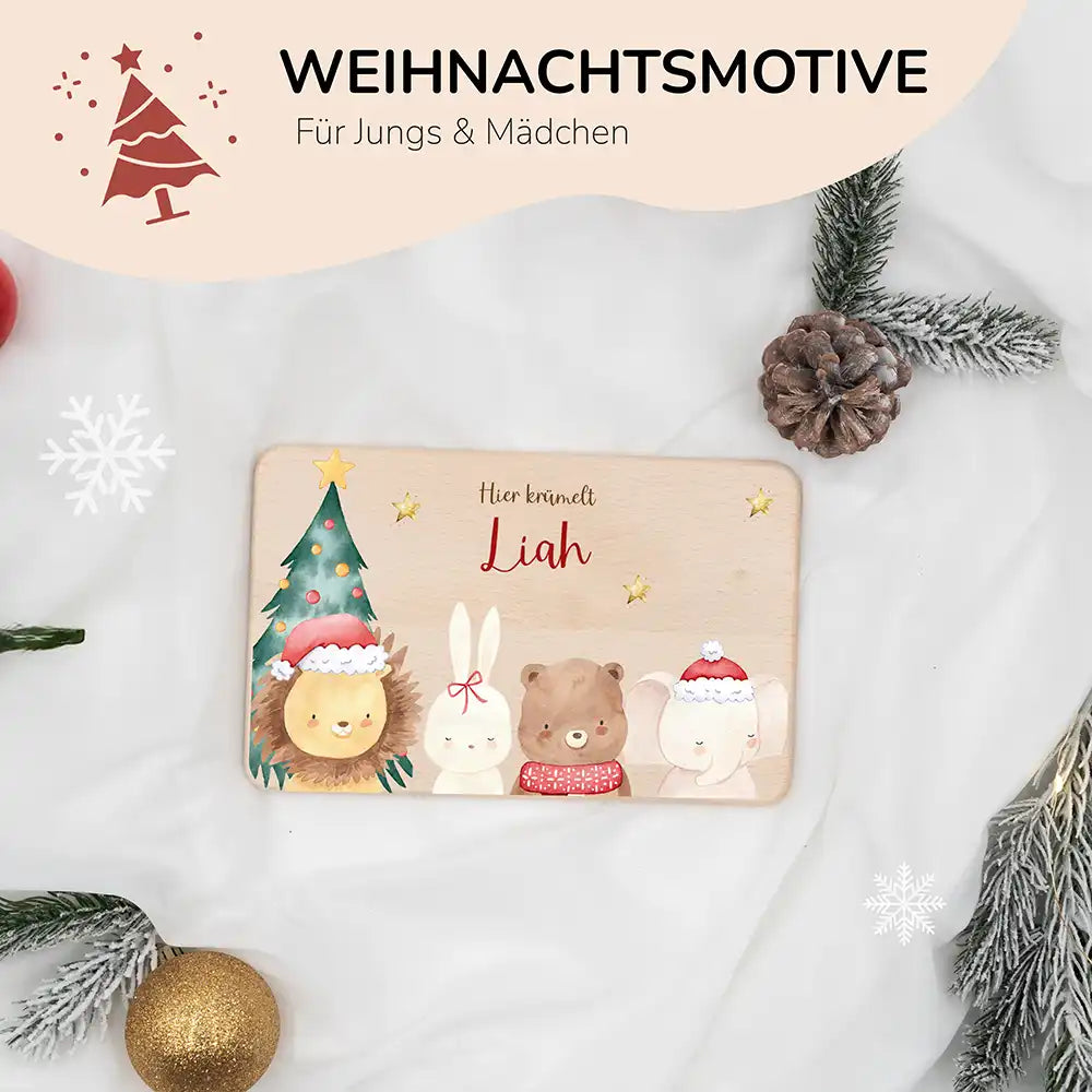 Frühstücksbrettchen Weihnachten mit weihnachtlichem Tiertrio - Geschenk Weihnachten