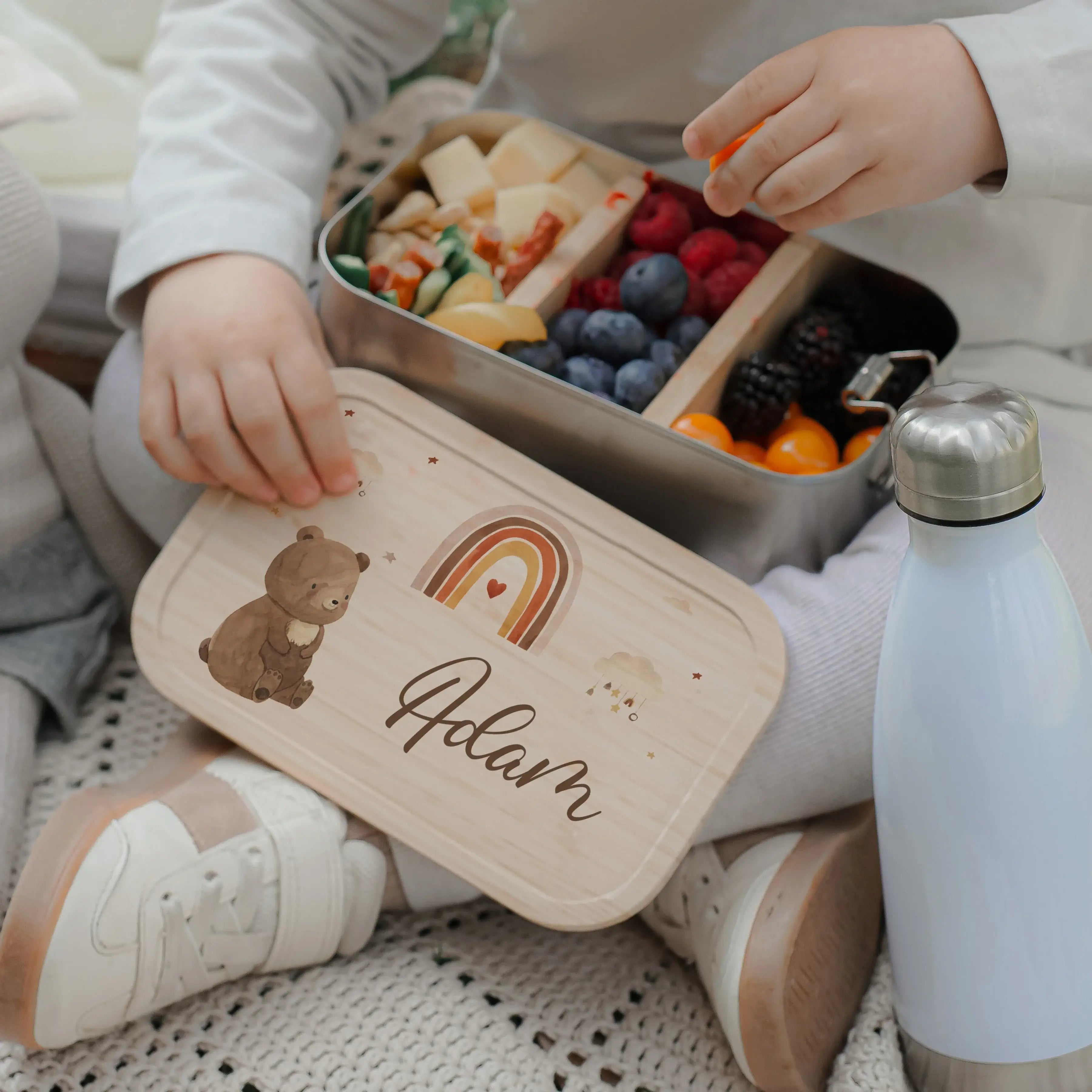 Brotdose Kinder personalisiert - Boho Bär Regenbogen