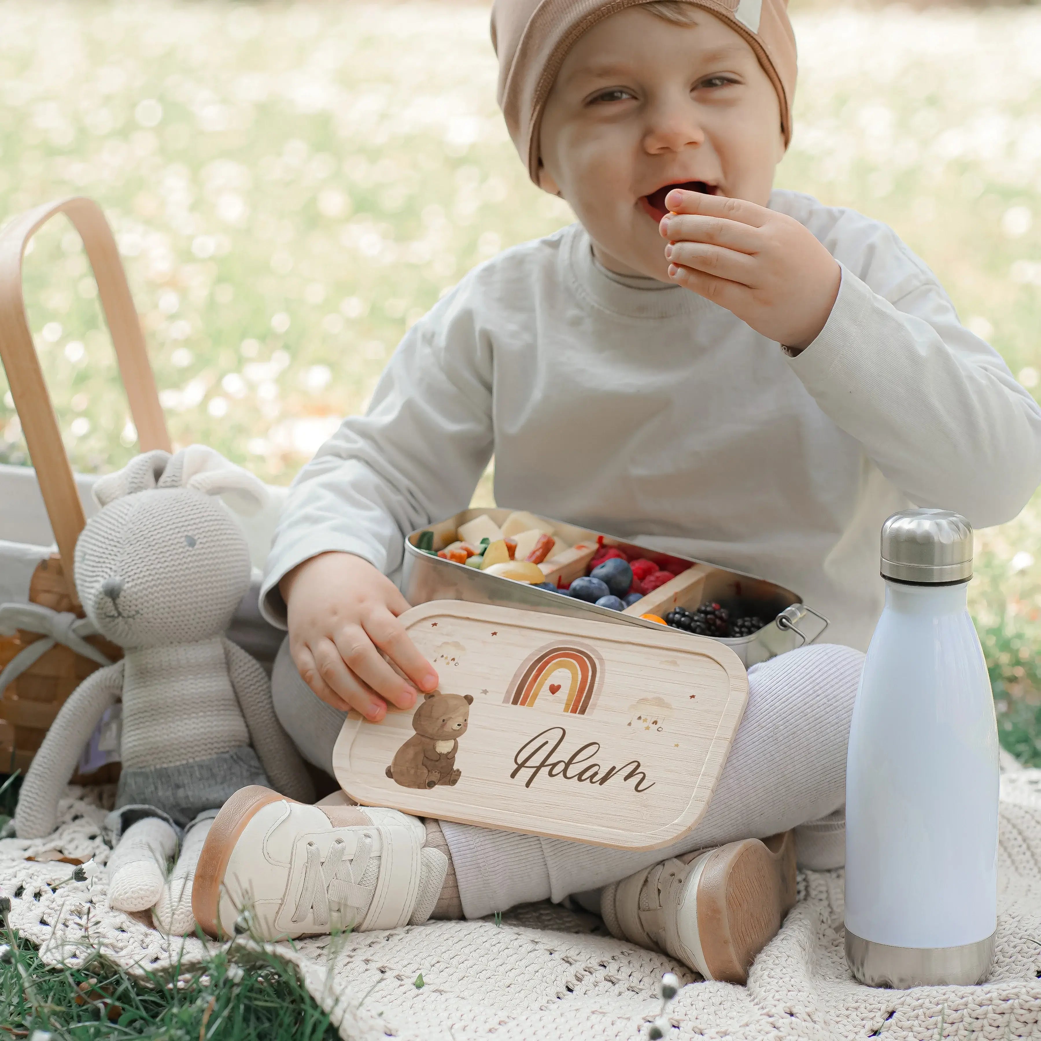 Brotdose Kinder personalisiert - Boho Bär Regenbogen