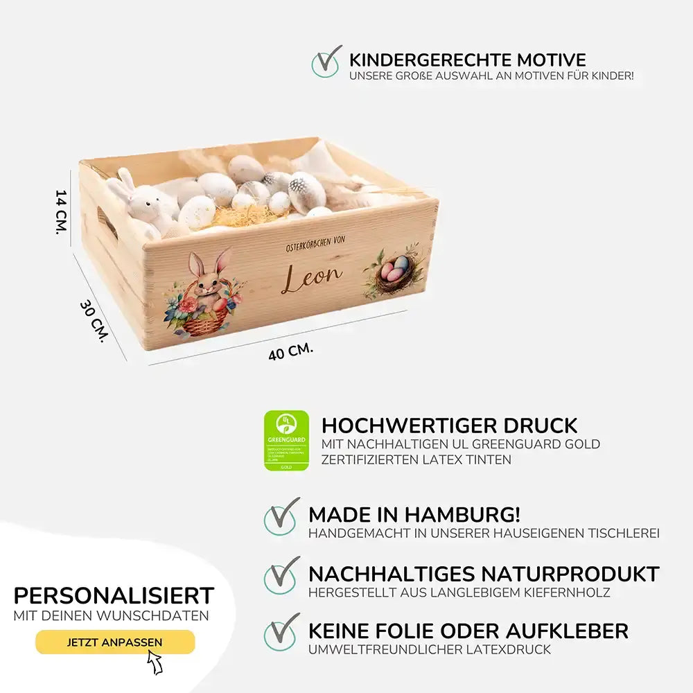Osterkiste Holz personalisiert - Hasenkind im Blumenkorb