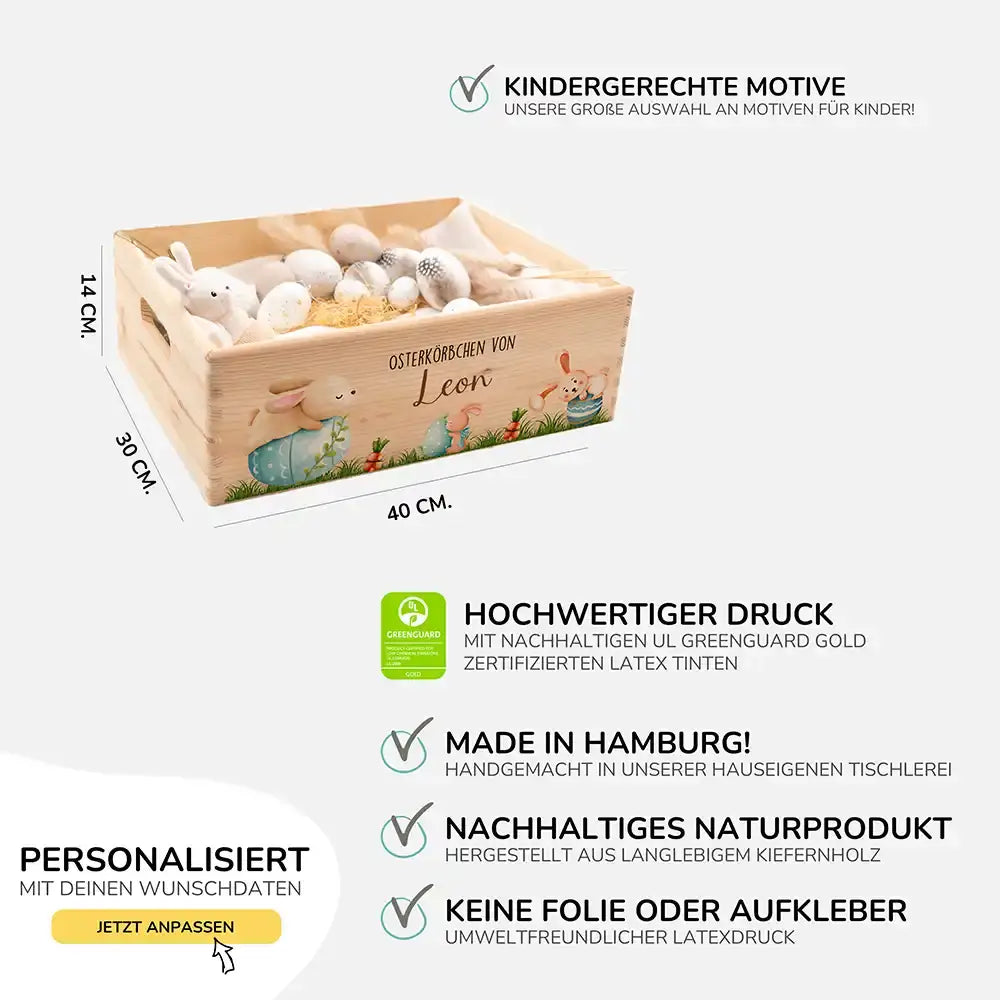 Osterkiste Holz personalisiert - Niedliche Hasen auf Wiese