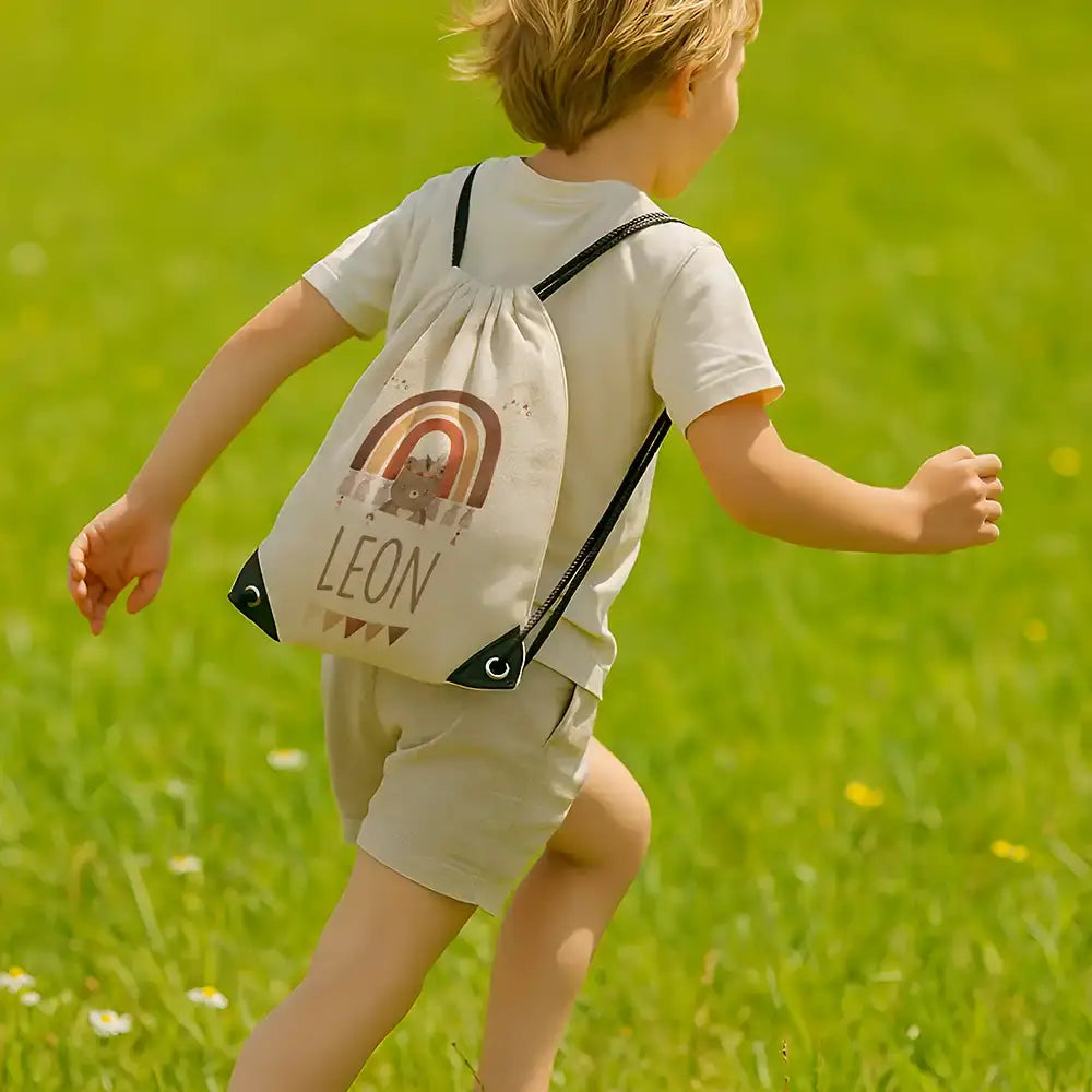 Personalisierter Turnbeutel mit Namen - Boho Bär Regenbogen