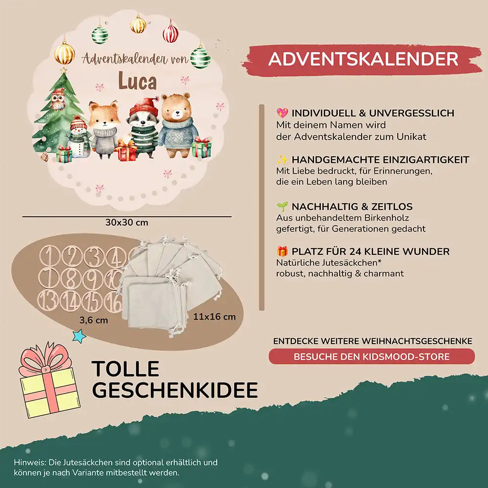Personalisierter runder Adventskalender Kinder aus Holz  - Waldtiere mit Weihnachtsmützen