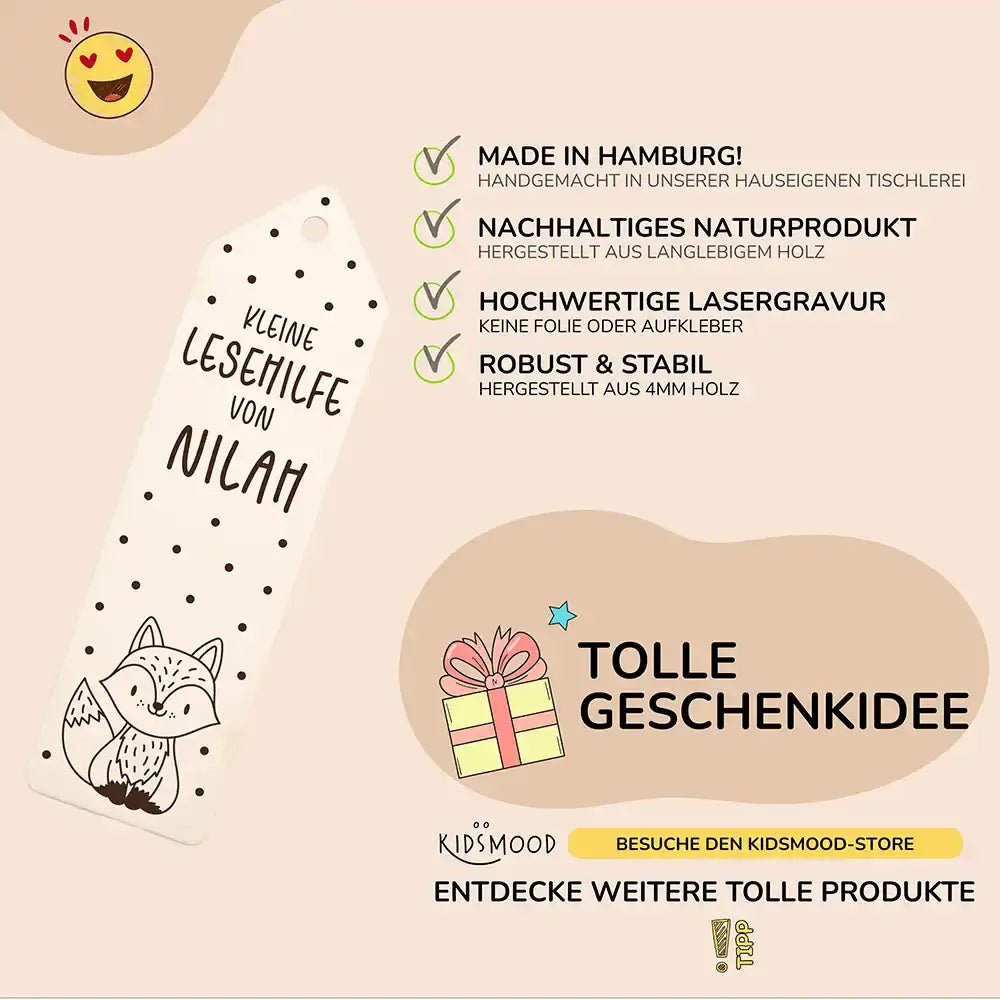 detailansicht der gravur auf der lesehilfe mit fuchs