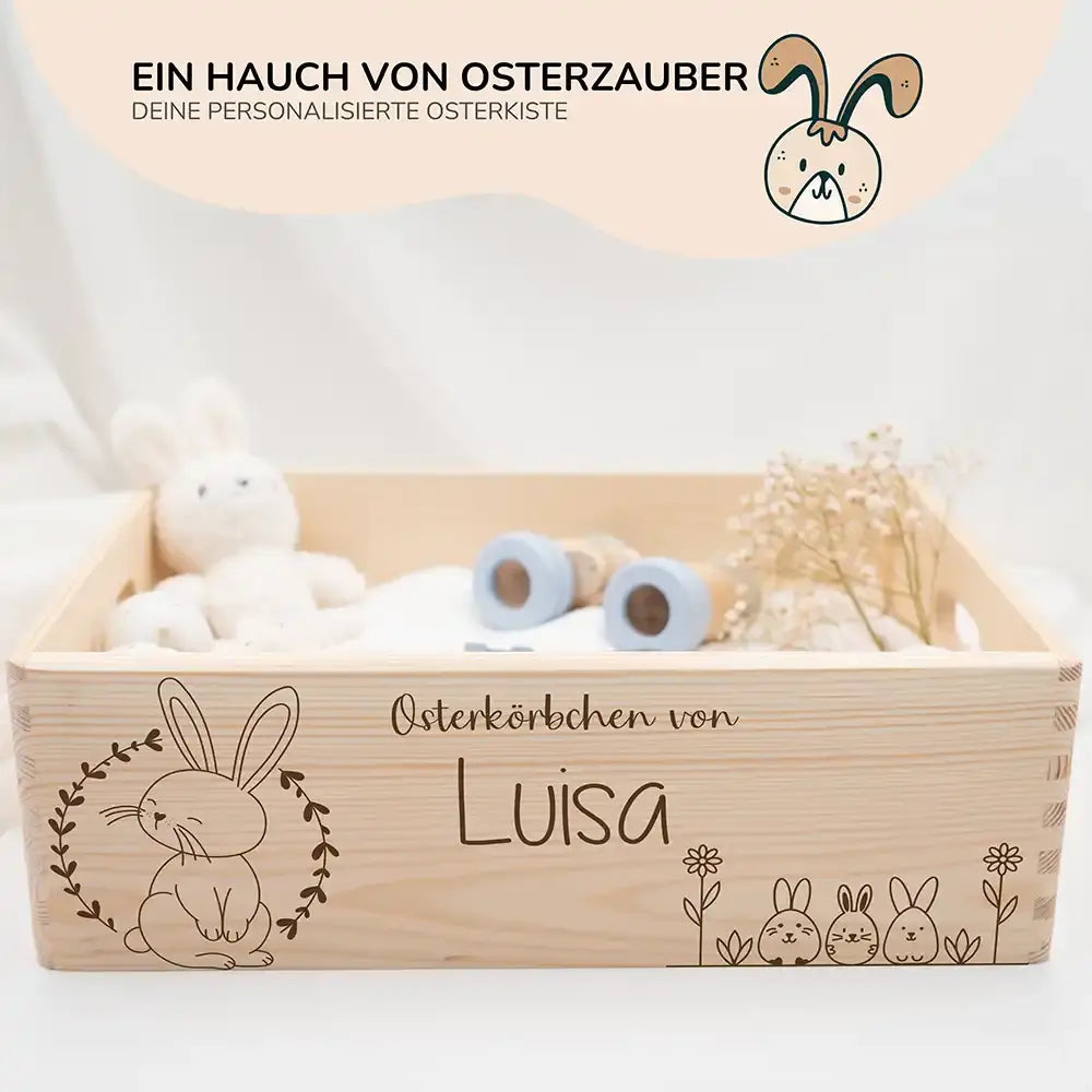 Osterkiste Holz personalisiert - Blumenkranz & Hasenbande