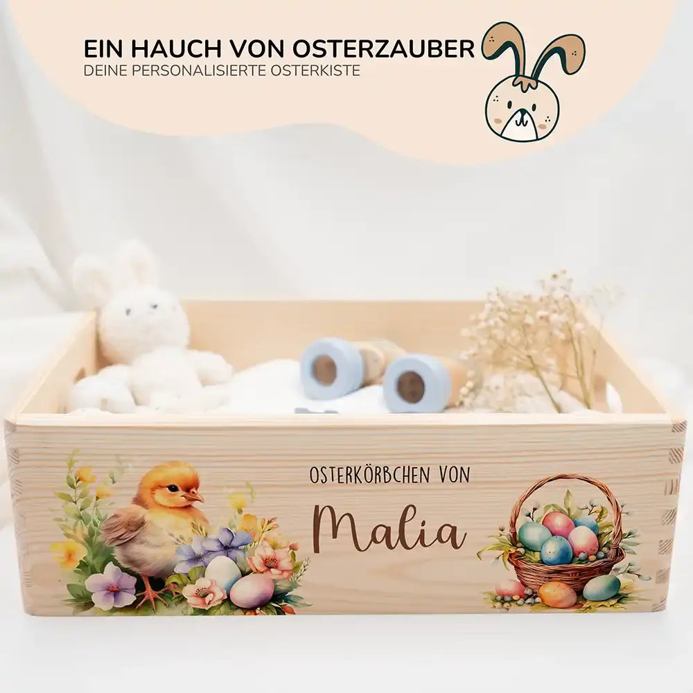 Osterkiste Holz personalisiert - Küken im Blumengarten