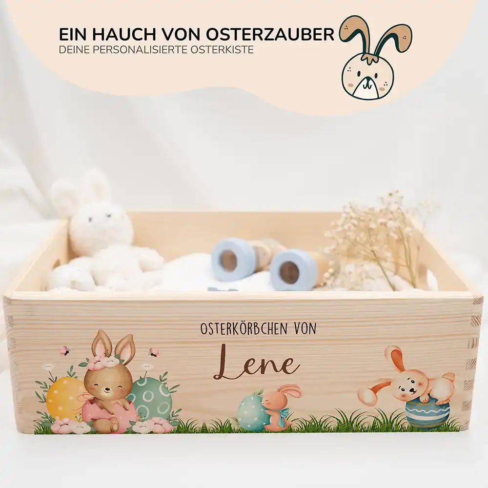 Osterkiste Holz personalisiert - Eierspaß mit Hasenbande