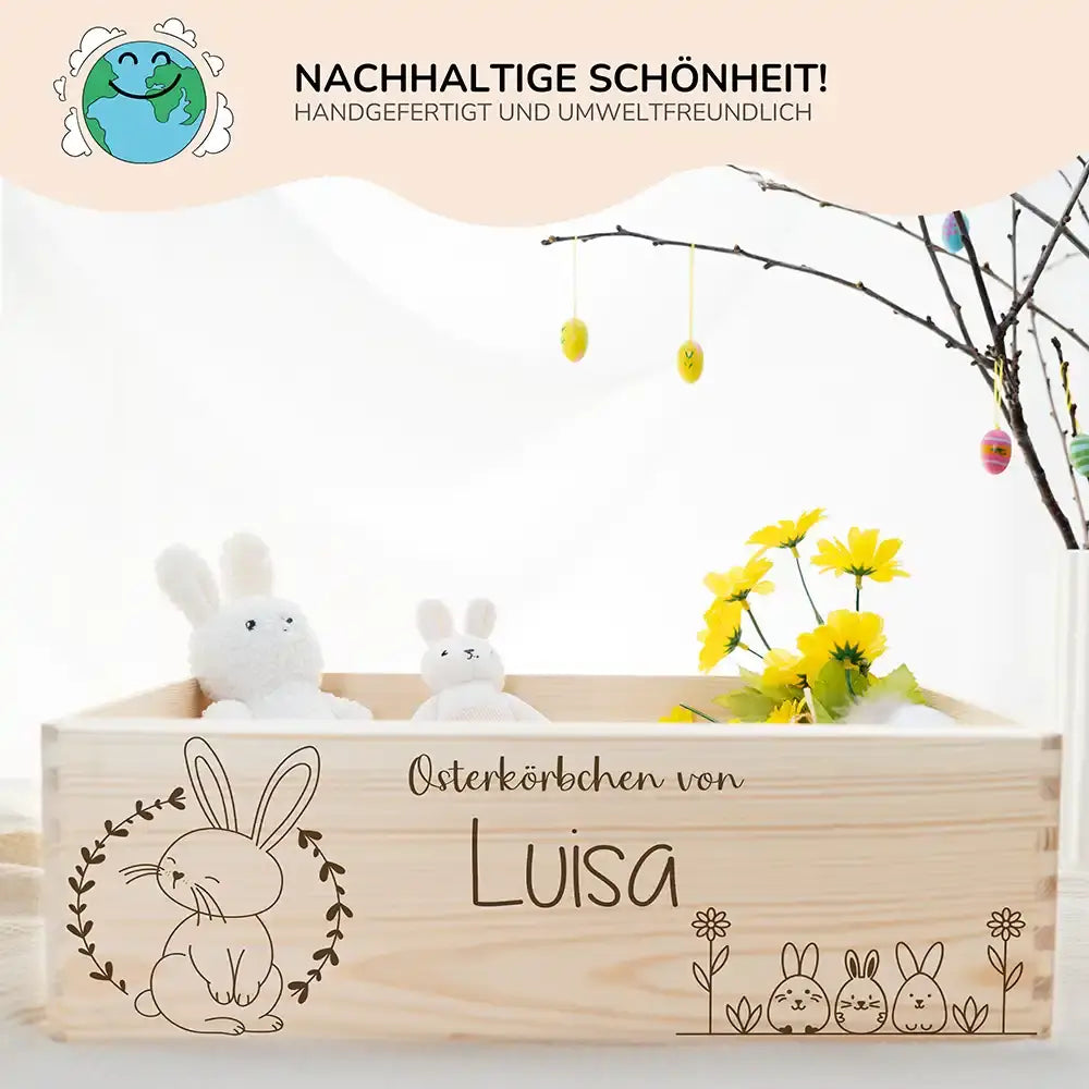 Osterkiste Holz personalisiert - Blumenkranz & Hasenbande
