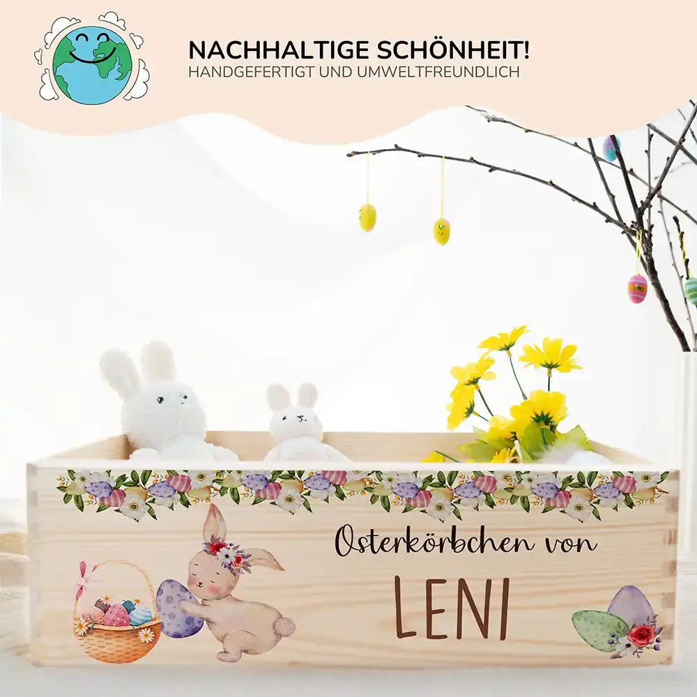 Osterkiste Holz personalisiert - Blütenranken & Häschen
