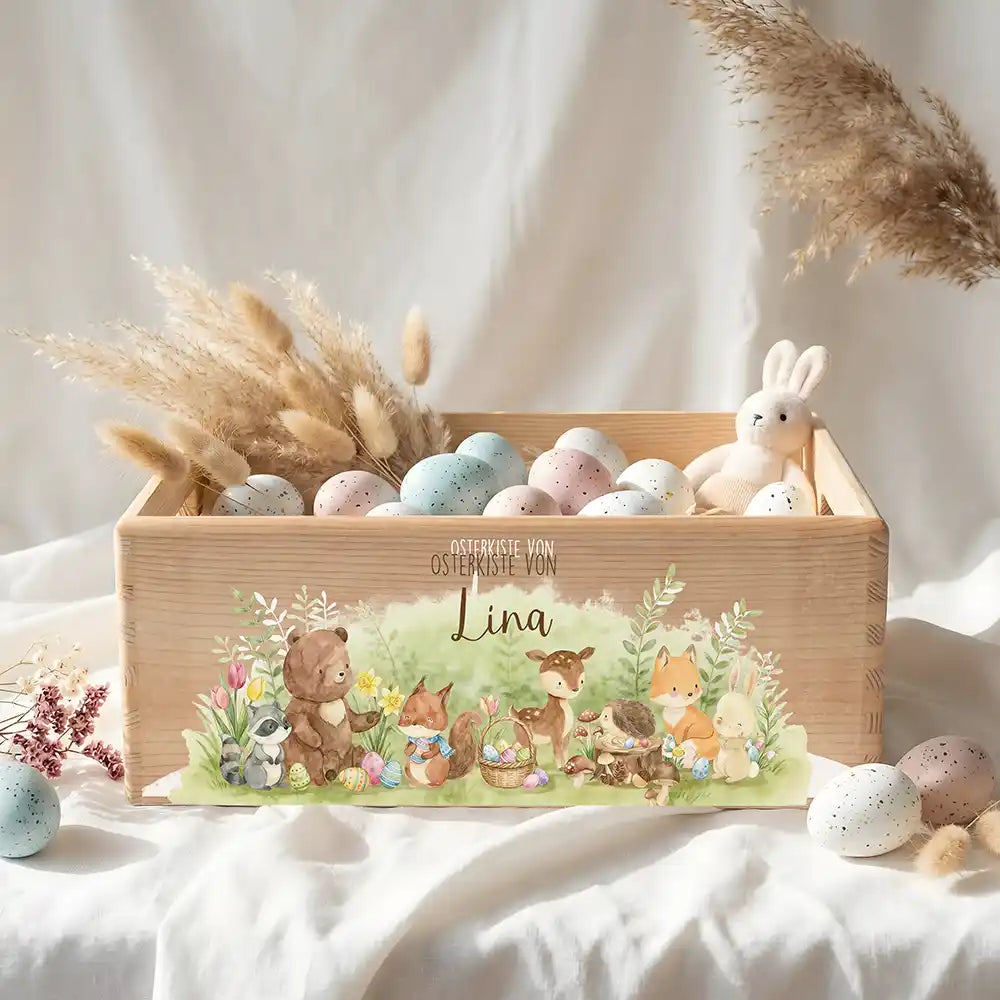 Osterkiste Holz personalisiert - Waldfamilie