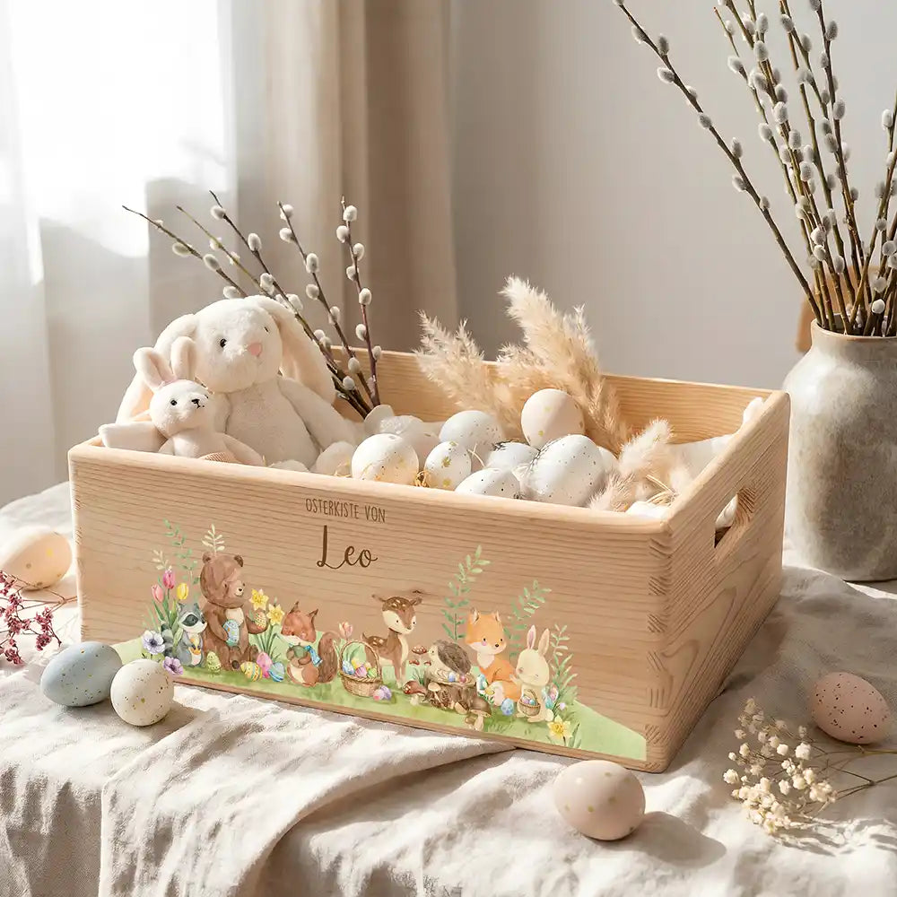 Osterkiste Holz personalisiert - Glückliche Tiere