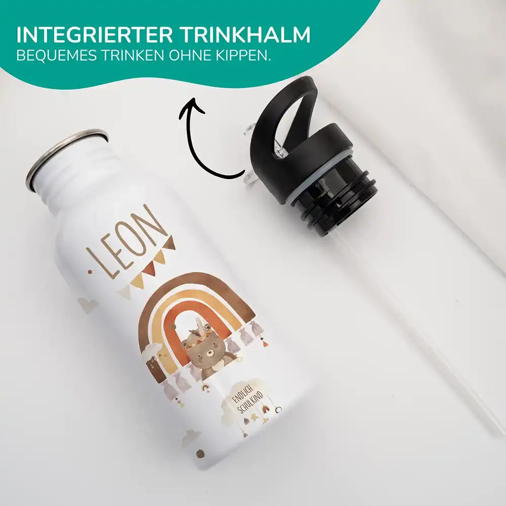 trinkflasche mit trinkhalm und boho bär motiv