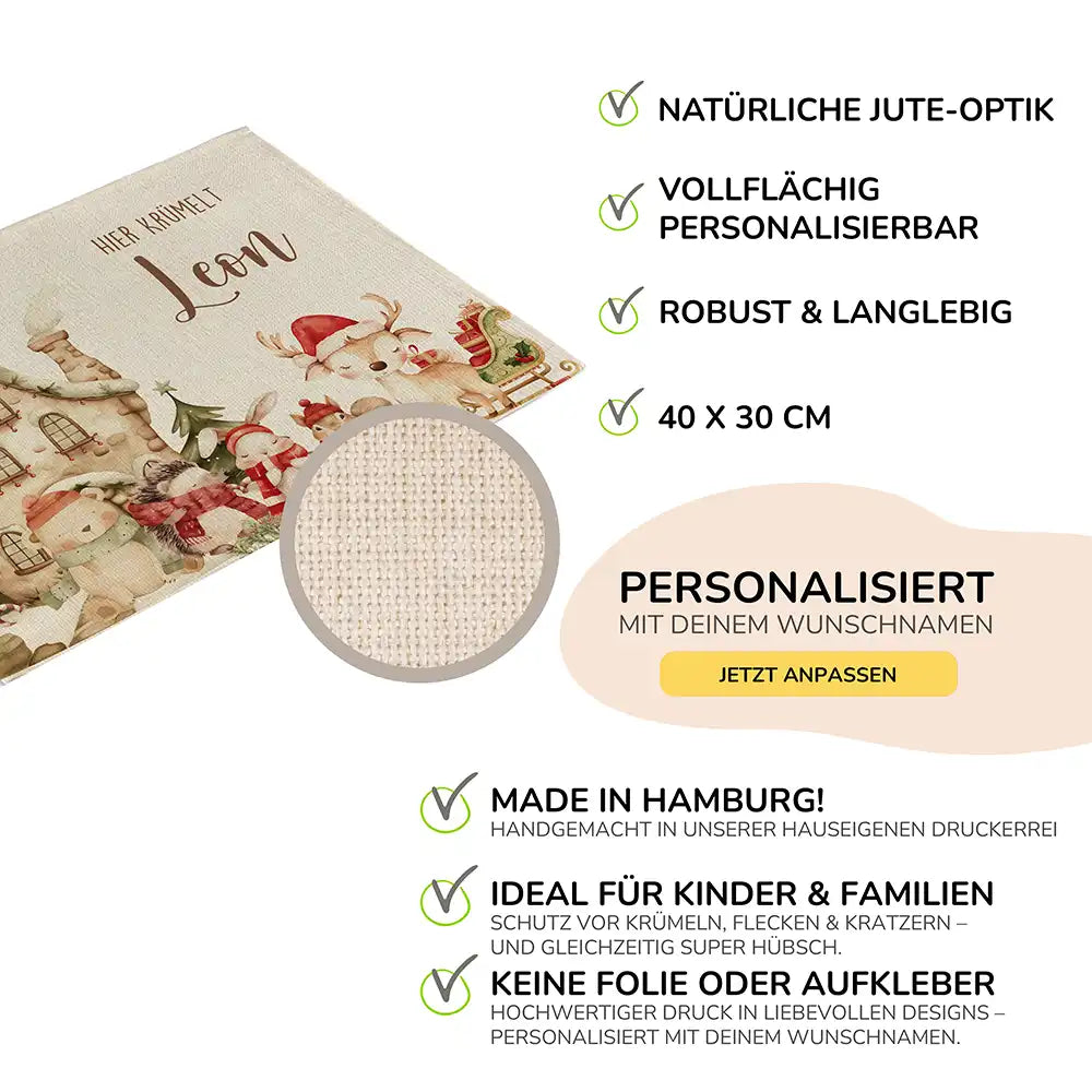 Tischset Kinder personalisiert Weihnachtsmotiv - Nordpol-Tierparade
