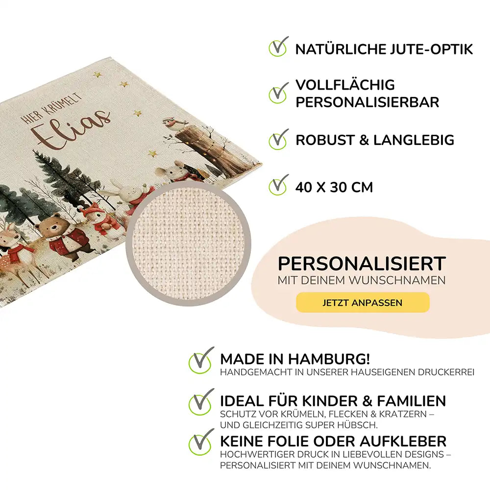 Tischset Kinder personalisiert Weihnachtsmotiv - Festliche Tierchen im Schnee