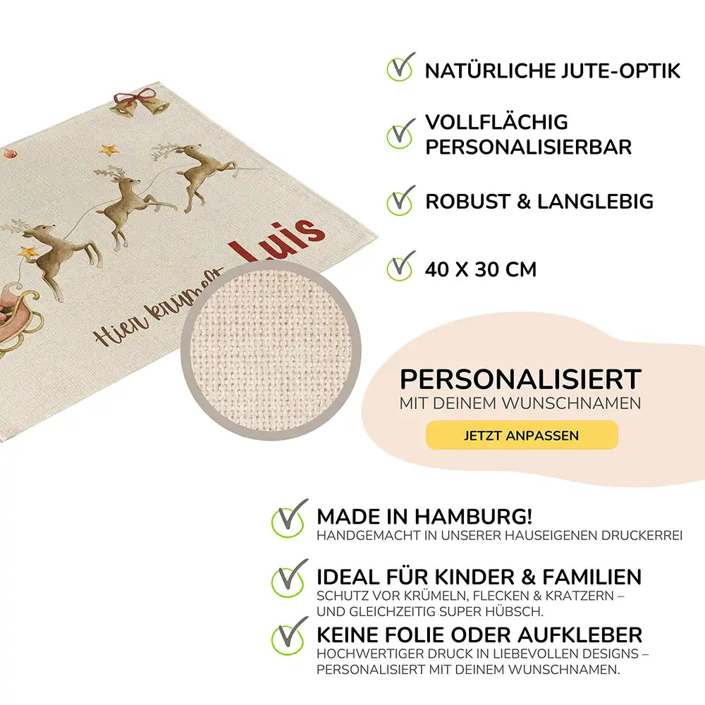 Tischset Kinder personalisiert Weihnachtsmotiv - Rentierschlitten
