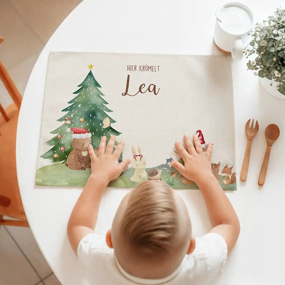 Tischset Kinder personalisiert Weihnachtsmotiv - Niedliche Waldtiere