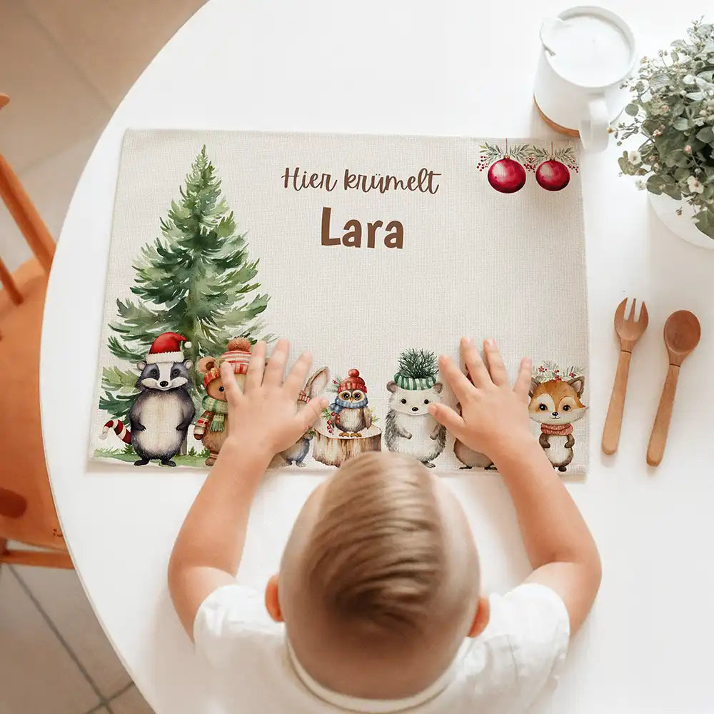 Tischset Kinder personalisiert Weihnachtsmotiv - Tierchen im Zauberwald
