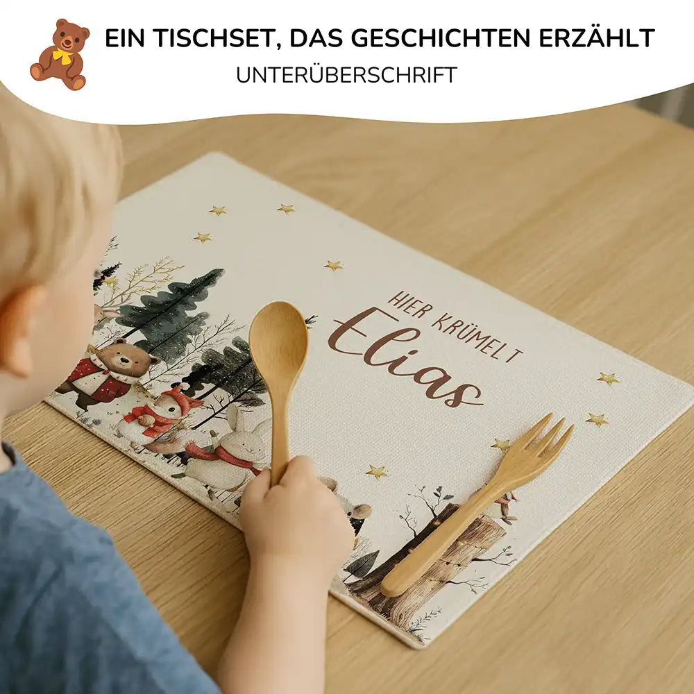 Tischset Kinder personalisiert Weihnachtsmotiv - Festliche Tierchen im Schnee