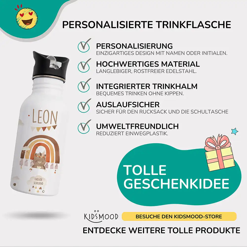 detailansicht der personalisierten trinkflasche mit boho bär
