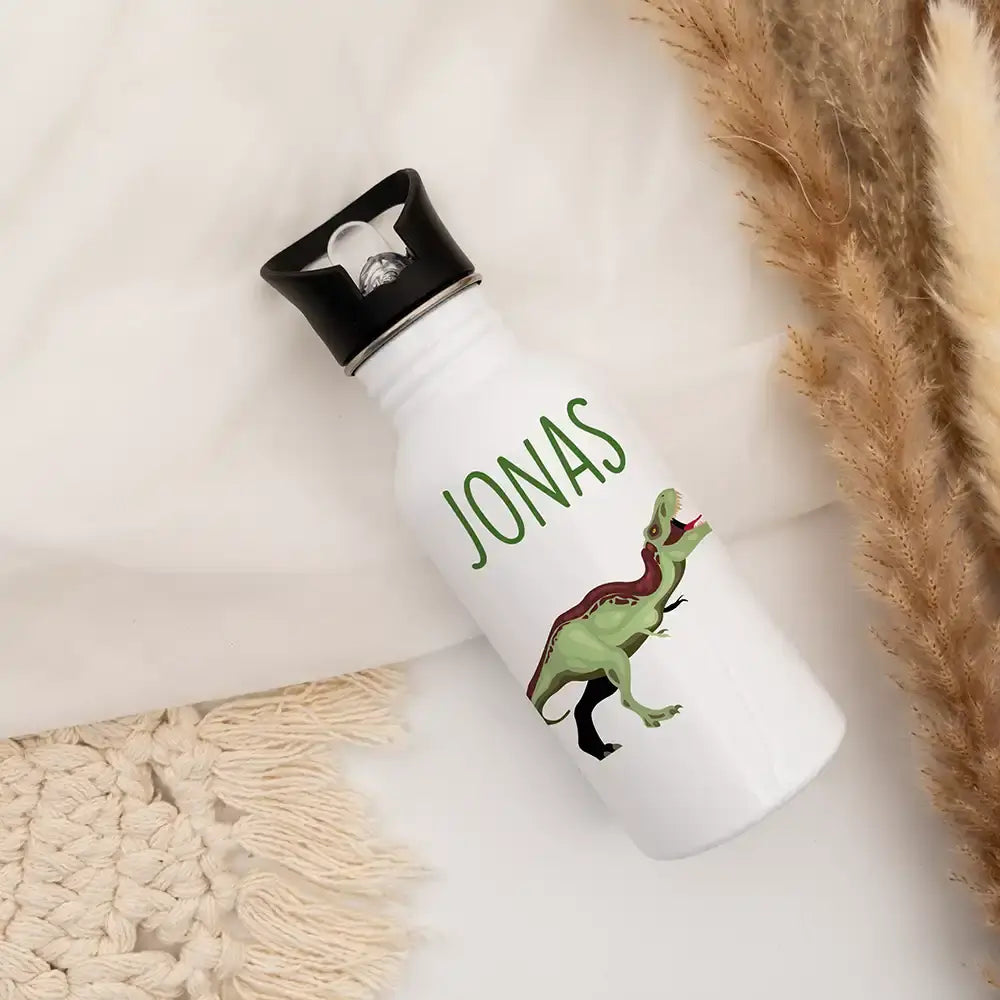 personalisierte kinder trinkflasche mit dino abenteuer design