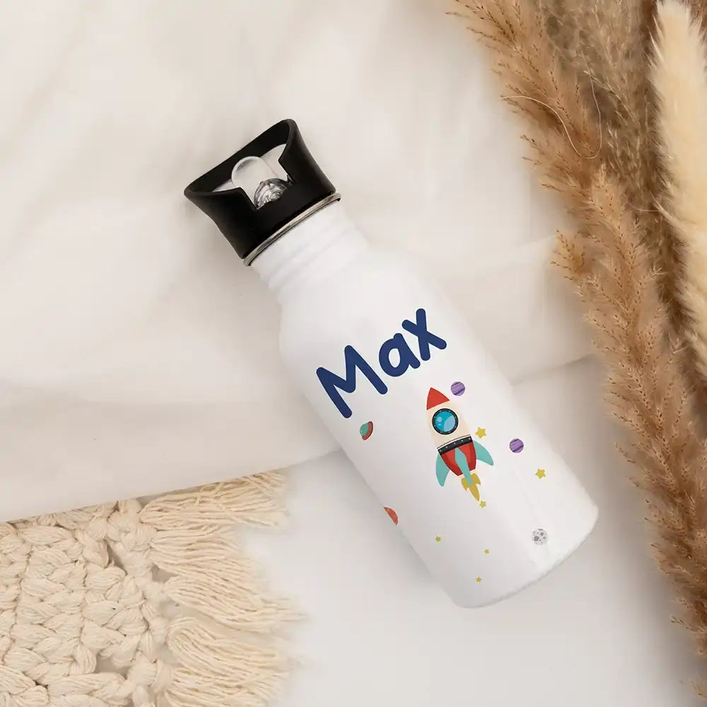 personalisierte kinder trinkflasche mit weltraumrakete design