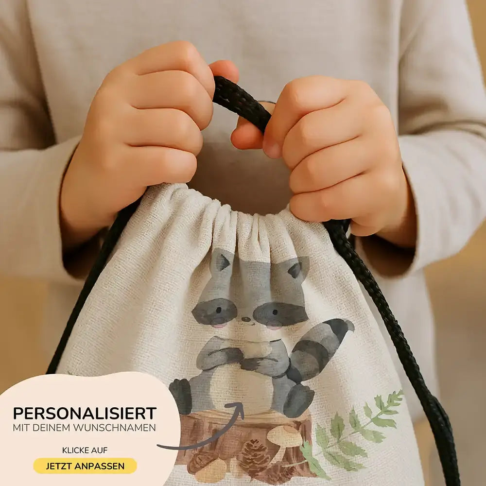 Personalisierter Turnbeutel mit Namen - Waschbär