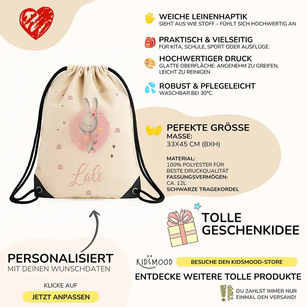 Personalisierter Turnbeutel mit Namen - Zauberhase