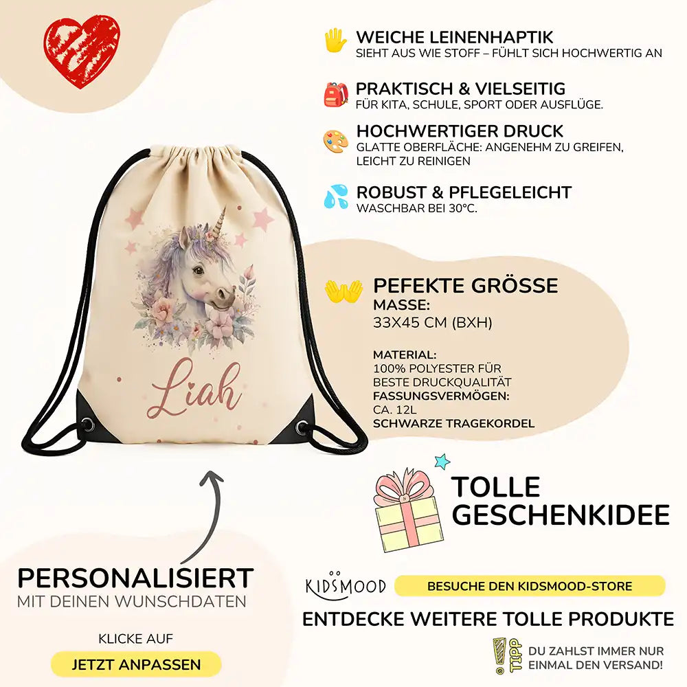 Personalisierter Turnbeutel mit Namen - Einhorn