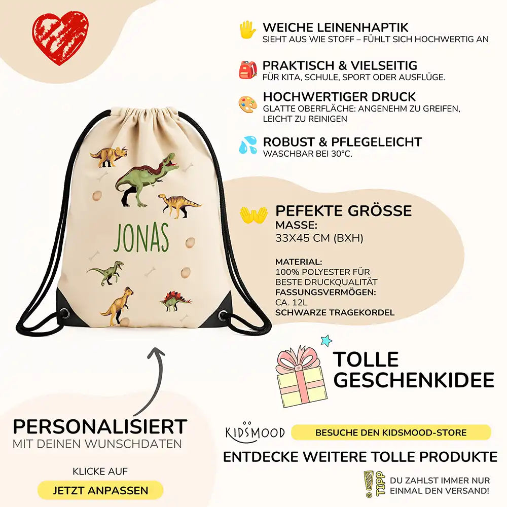 Personalisierter Turnbeutel mit Namen - Dinos