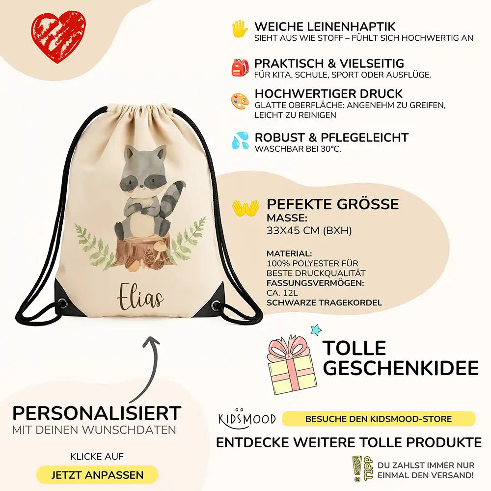 Personalisierter Turnbeutel mit Namen - Waschbär