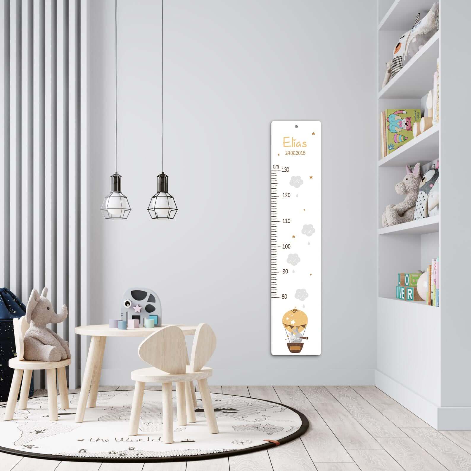 personalized growth chart with animal friends and hot air balloon