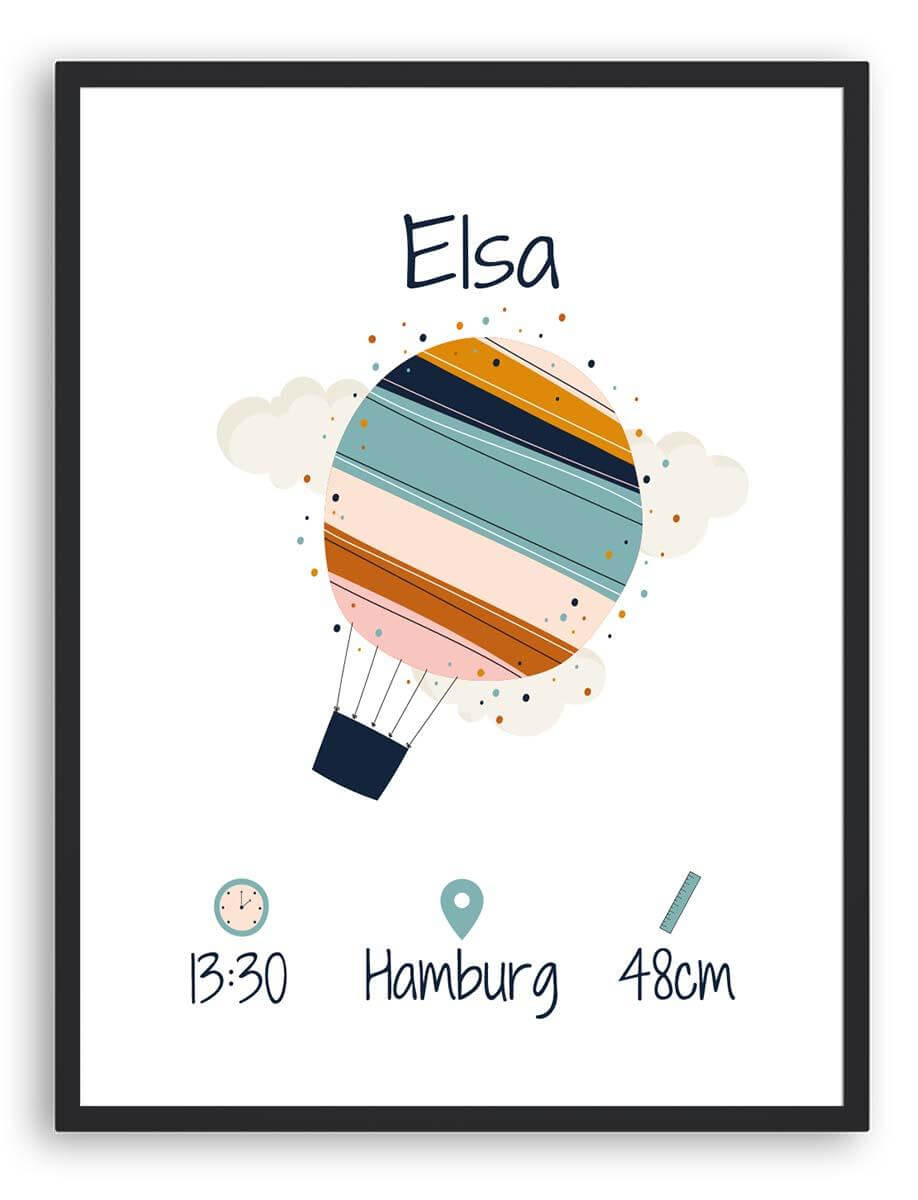 close-up of custom birth details on balloon-themed poster