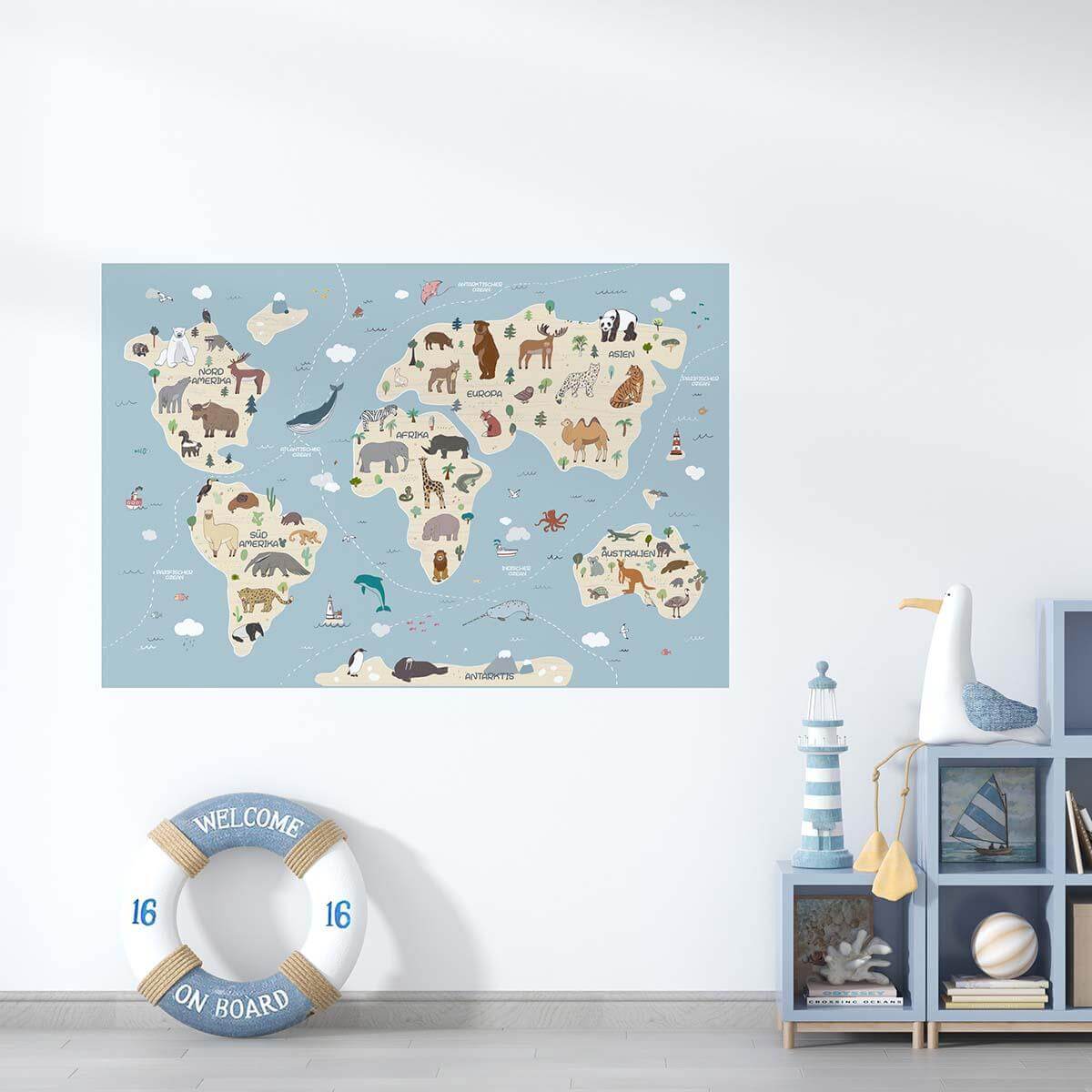 world map wall sticker with animals from different continents