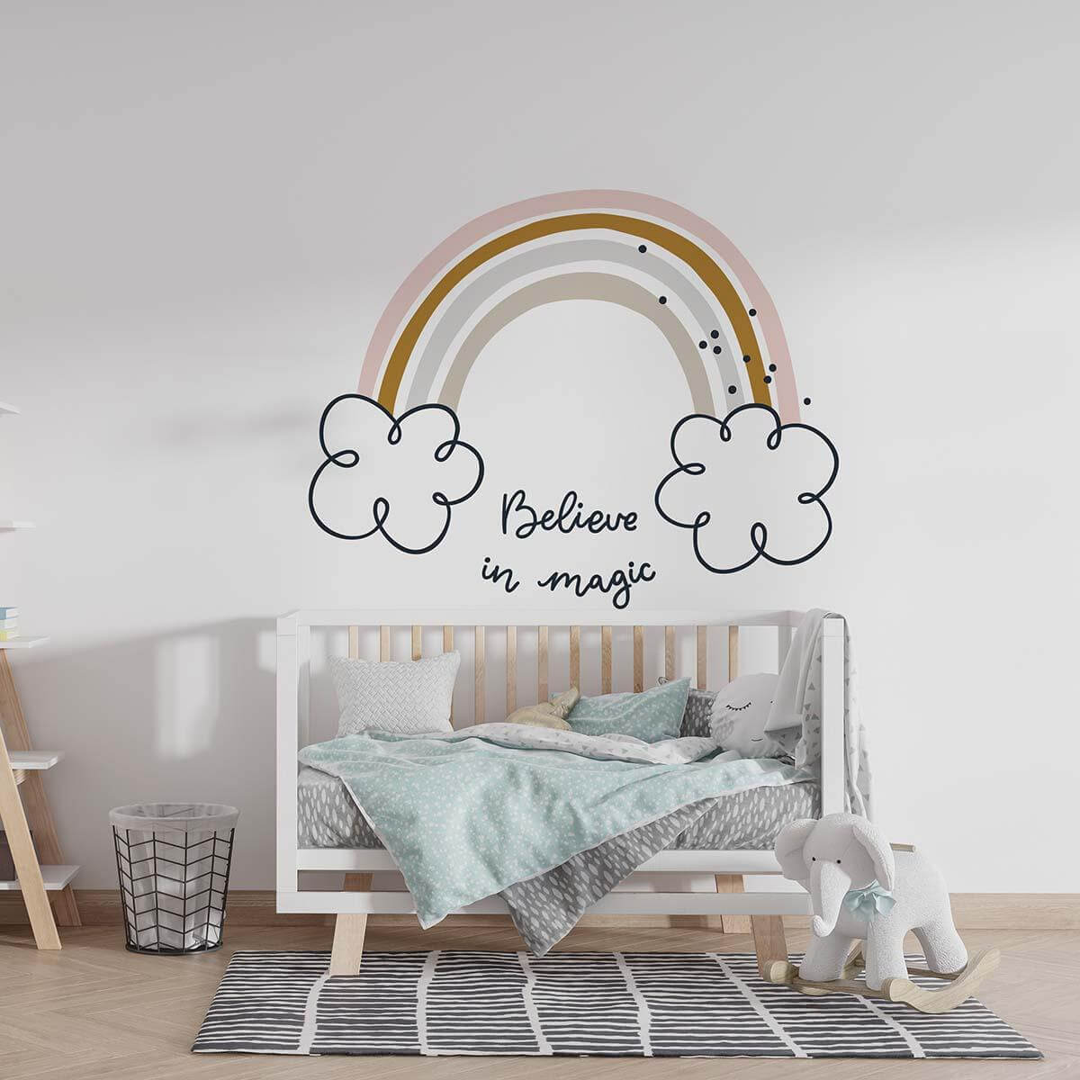 rainbow wall sticker with 'Believe in Magic' text