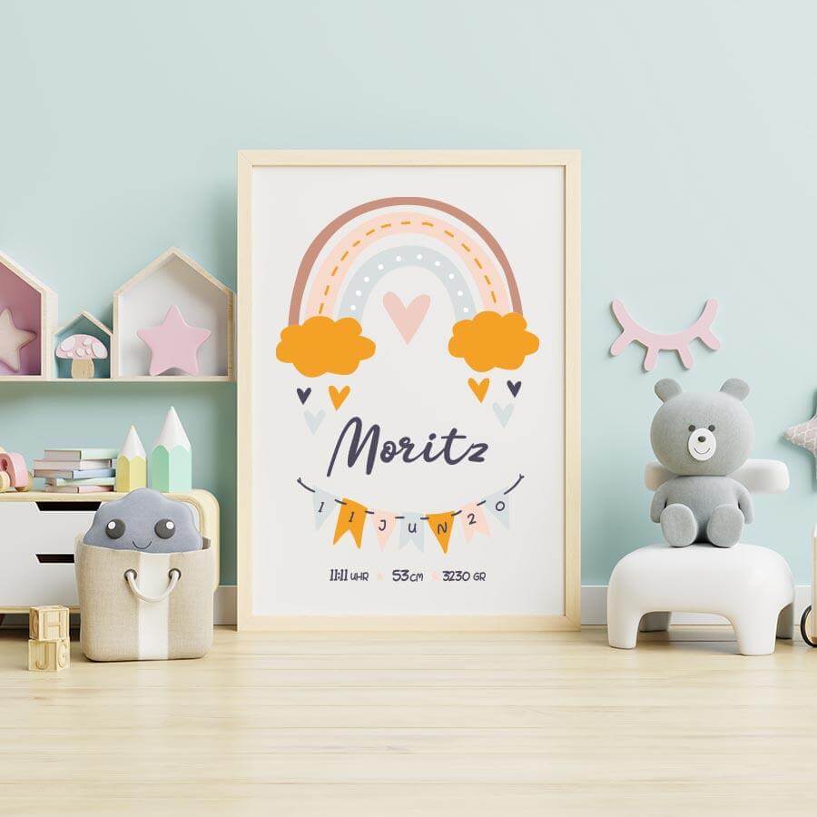 personalized birth poster with pastel rainbow and baby details