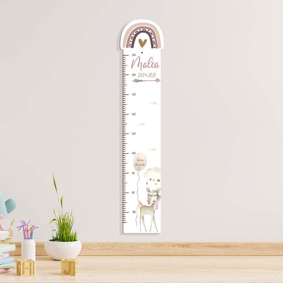 wooden height chart with deer and rainbow design