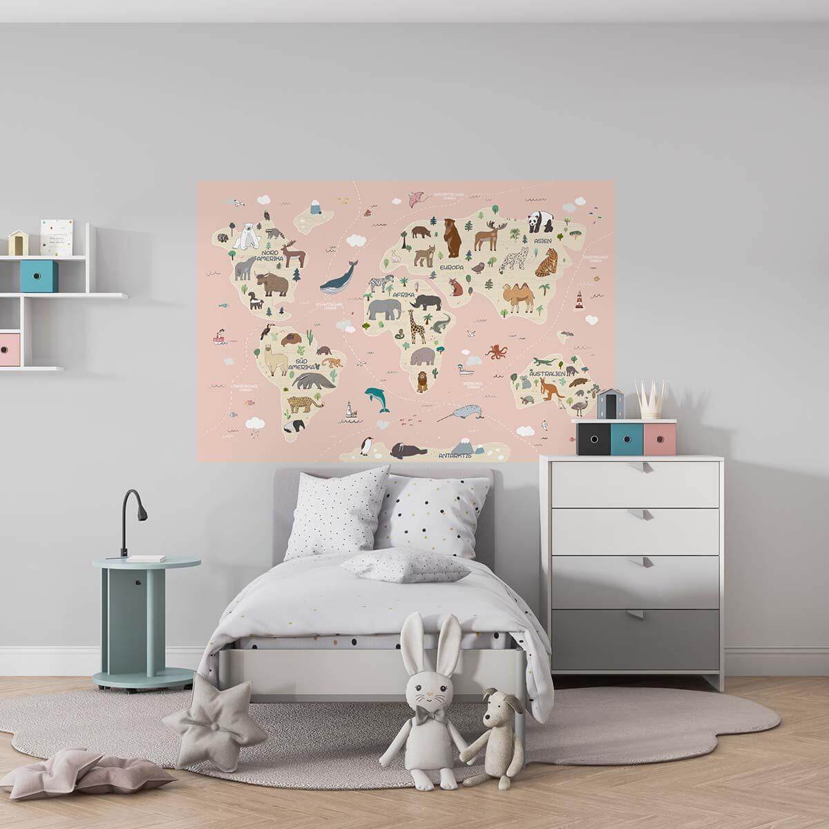 close-up of animal illustrations on world map wall sticker