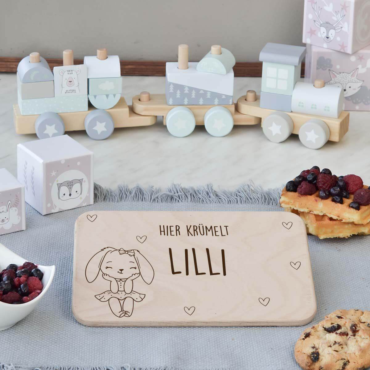 custom rabbit design on wooden breakfast board