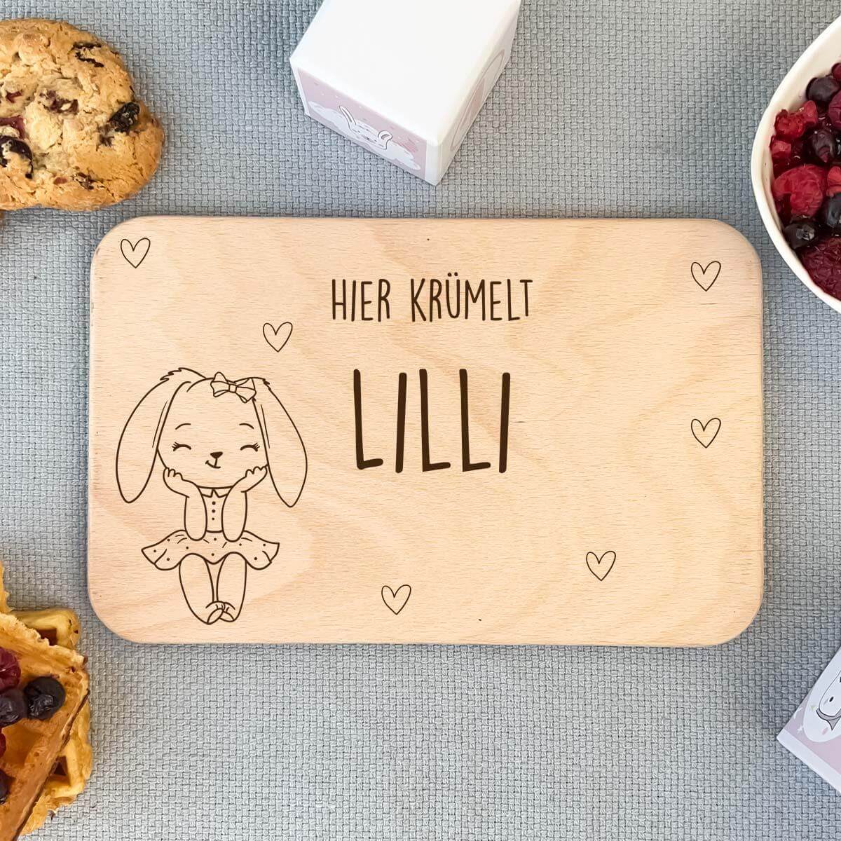 close-up of rabbit design on personalized breakfast board