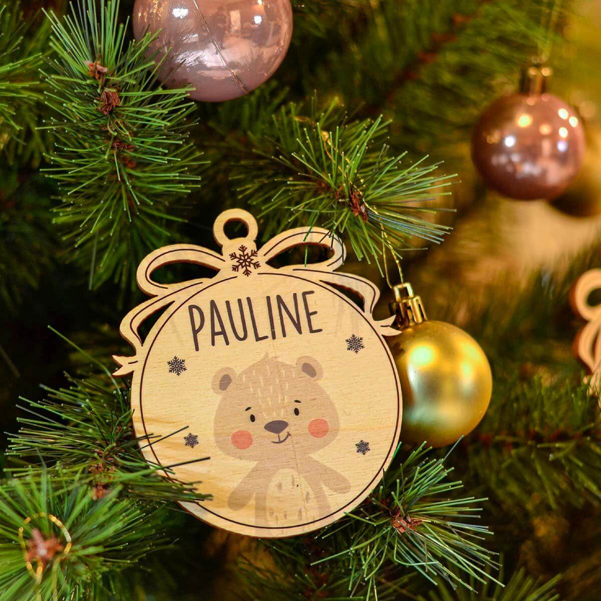 personalized wooden Christmas ornament with bear design