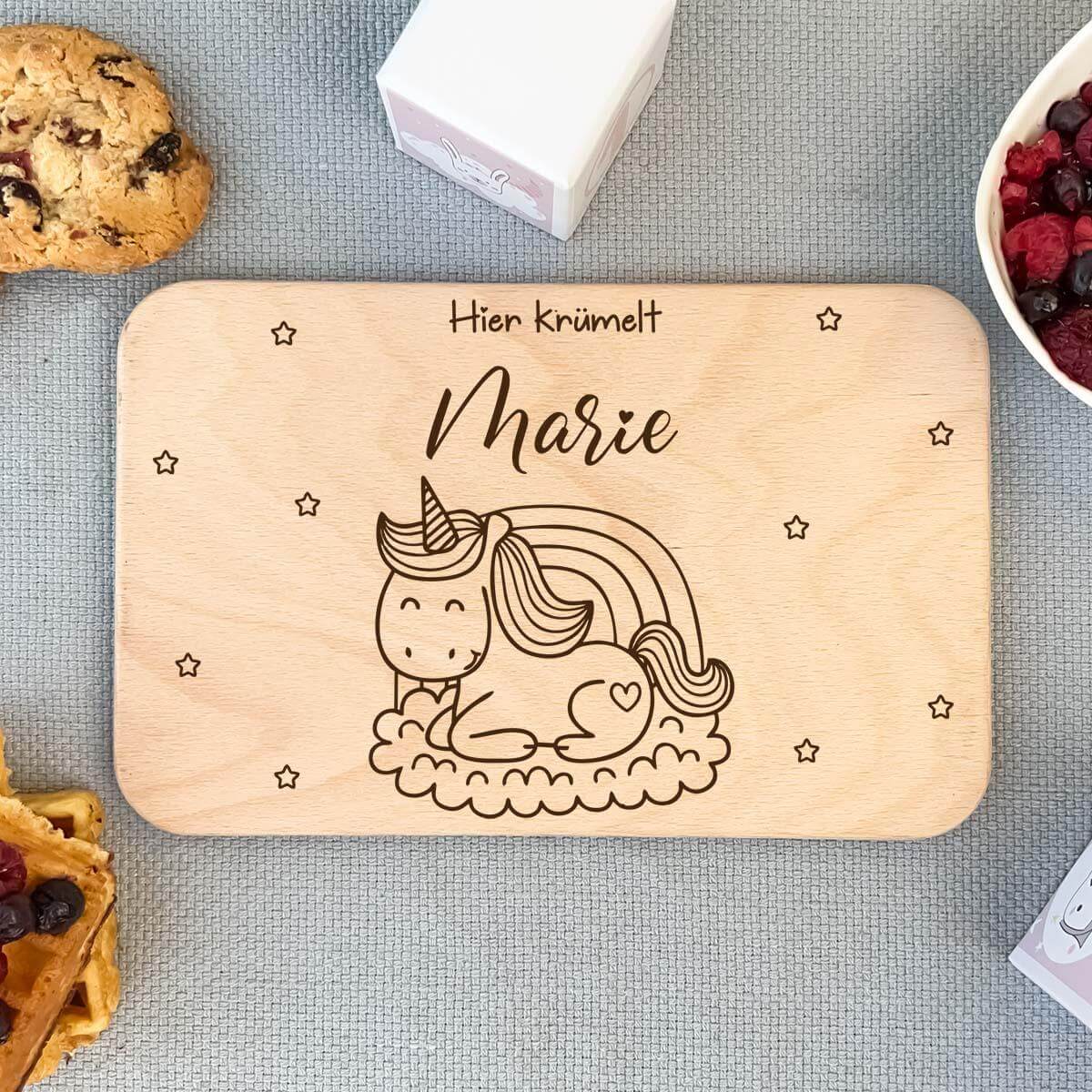 close-up of unicorn design on personalized breakfast board